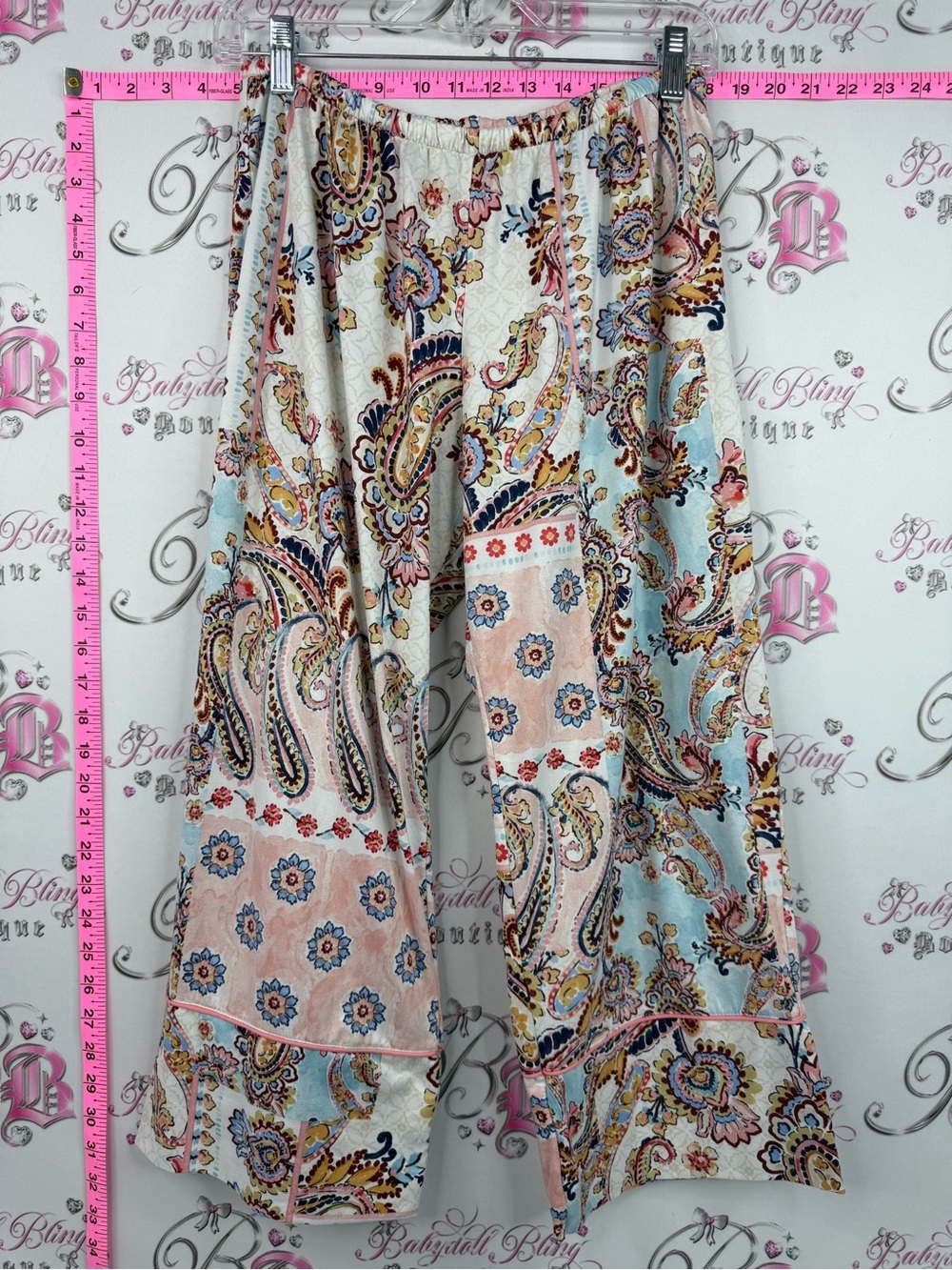 Pants patches Boho Paisley Patchwork Wide Leg Pants - Cream, Pink, Blue